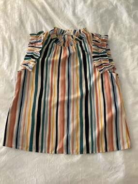 THML Multi-Color Stripe Ruffle Sleeve High Neck Blouse